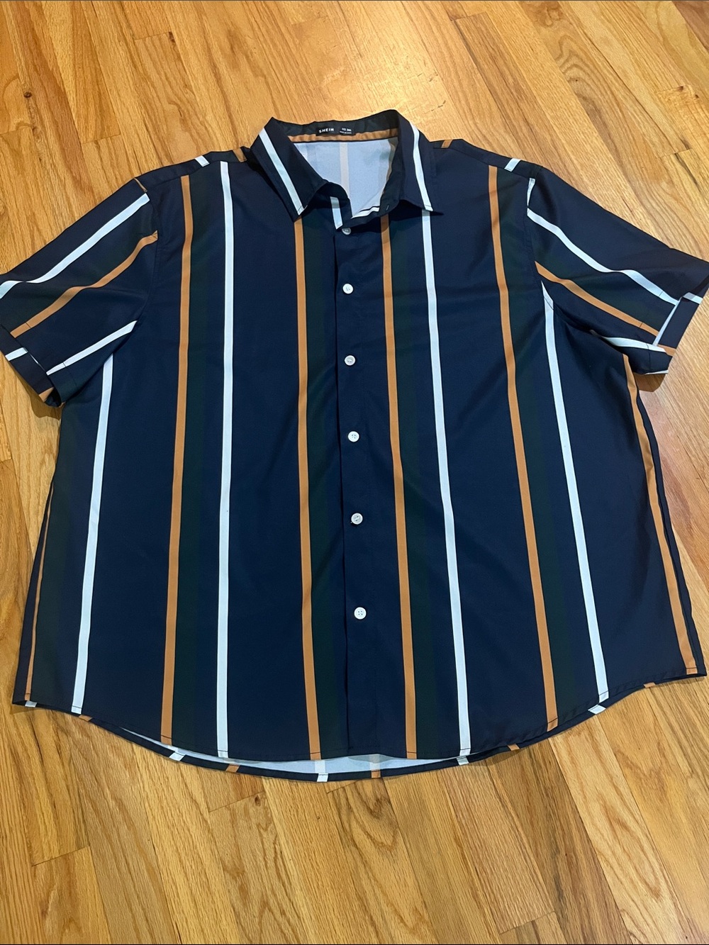 Men's Navy Short-Sleeve Button-Up Shirt with White and Brown Stripes